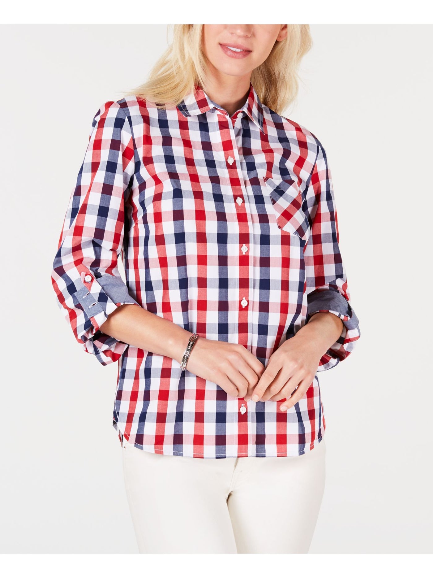 TOMMY HILFIGER Womens Red Gingham Collared Button Up Top XXL