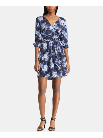 AMERICAN LIVING Womens Navy Floral 3/4 Sleeve Faux Wrap Dress 4