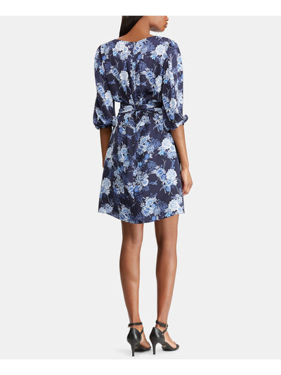 AMERICAN LIVING Womens Navy Floral 3/4 Sleeve Faux Wrap Dress 4