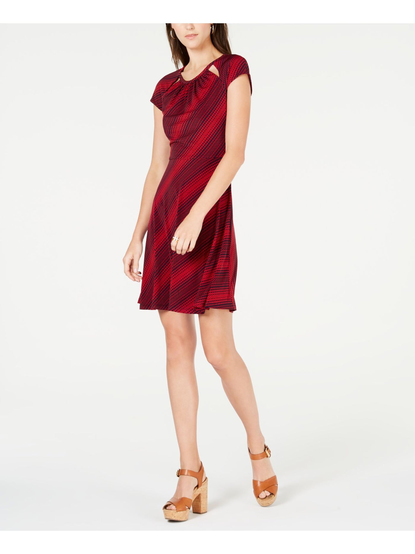 MICHAEL KORS Womens Red Cut Out Zippered Polka Dot Short Sleeve Jewel Neck Mini A-Line Dress XS