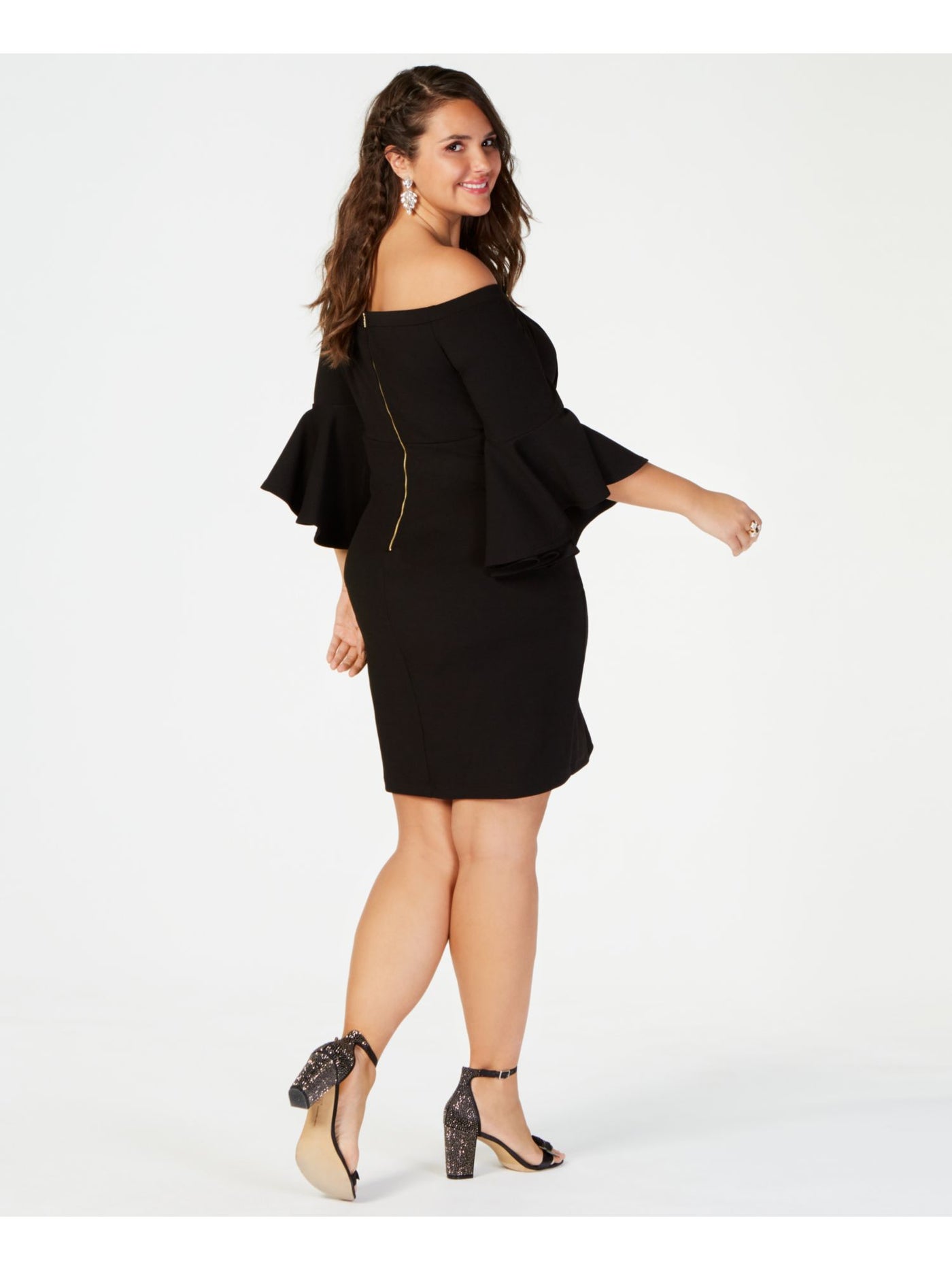 TEEZE ME Womens Black Bell Sleeve Off Shoulder Above The Knee Party Shift Dress Plus 24W