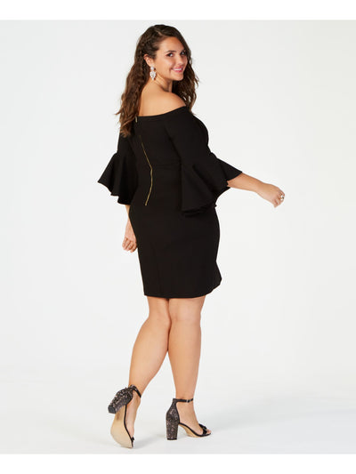 TEEZE ME Womens Black Bell Sleeve Off Shoulder Above The Knee Party Shift Dress Plus 22W
