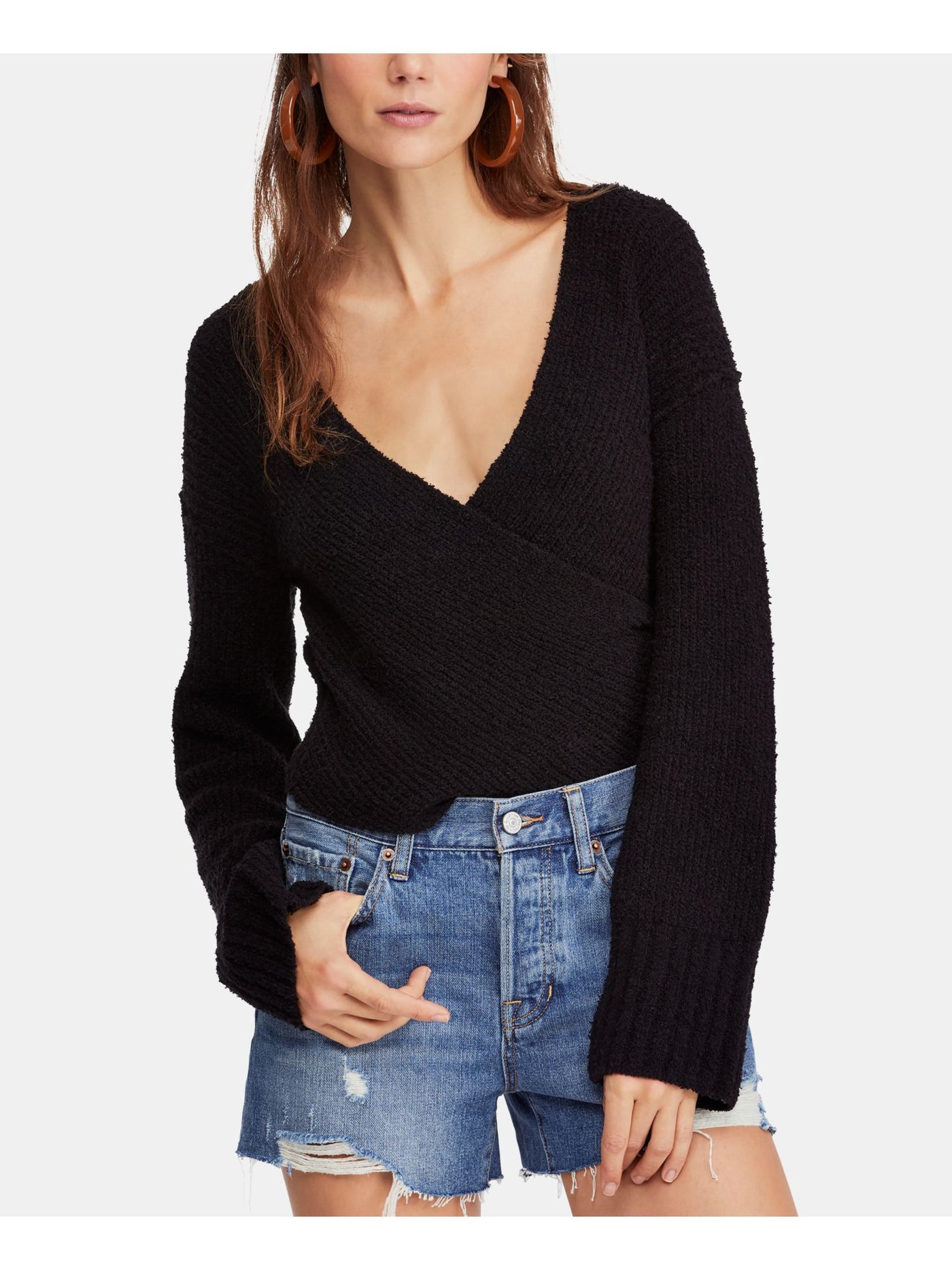 FREE PEOPLE Womens Black Long Sleeve V Neck Faux Wrap Sweater L