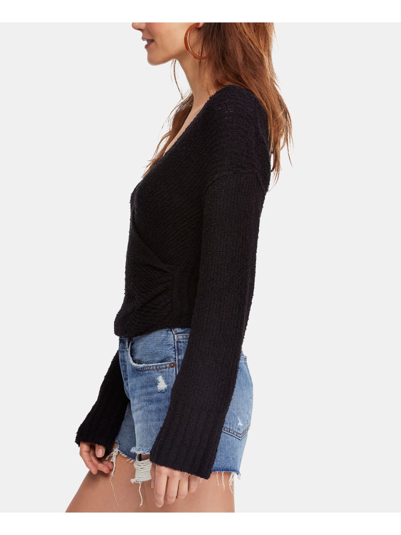 FREE PEOPLE Womens Black Long Sleeve V Neck Faux Wrap Sweater L