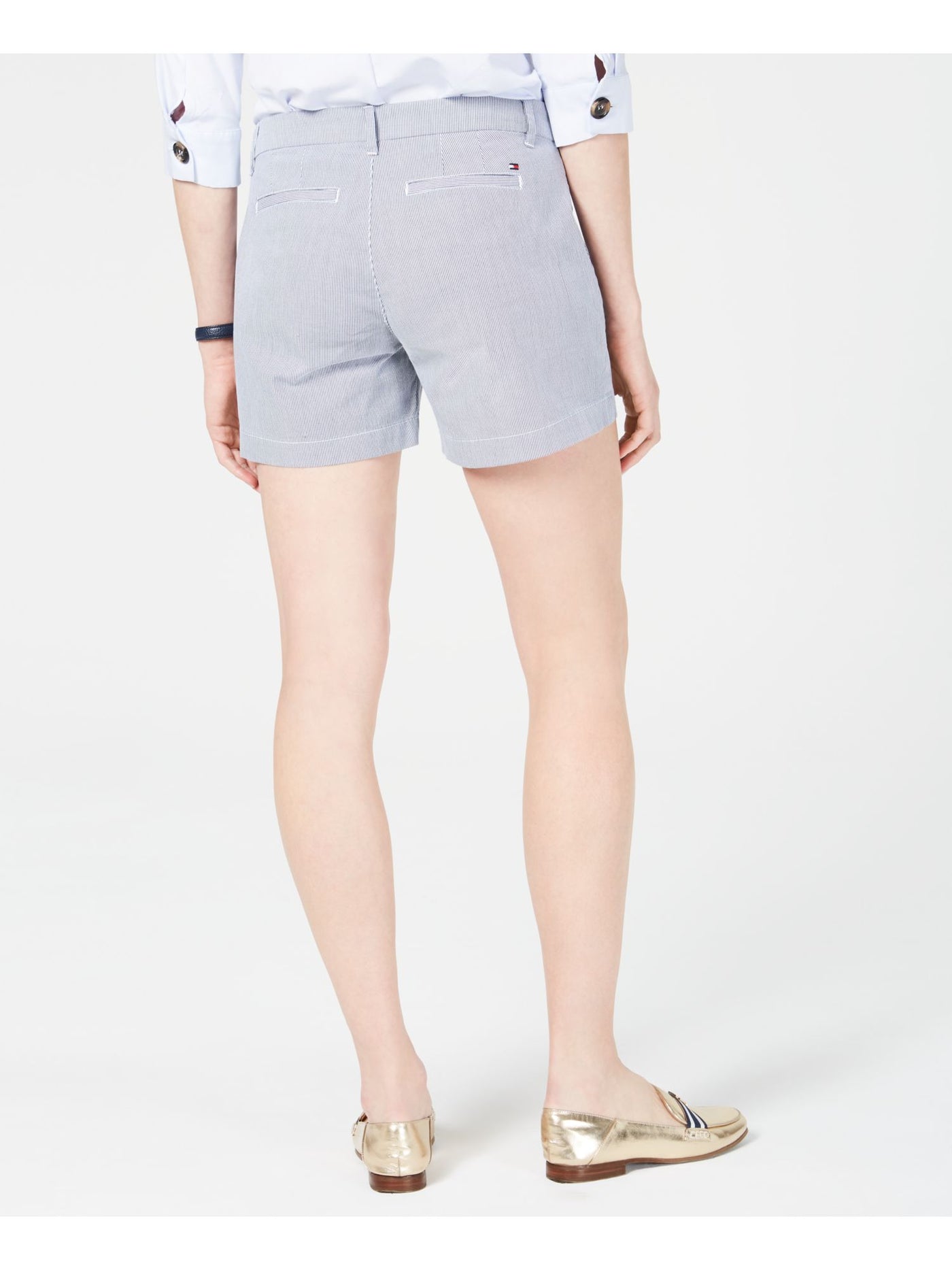 TOMMY HILFIGER Womens Blue Pocketed Zippered Chino Pinstripe Straight leg Shorts 14