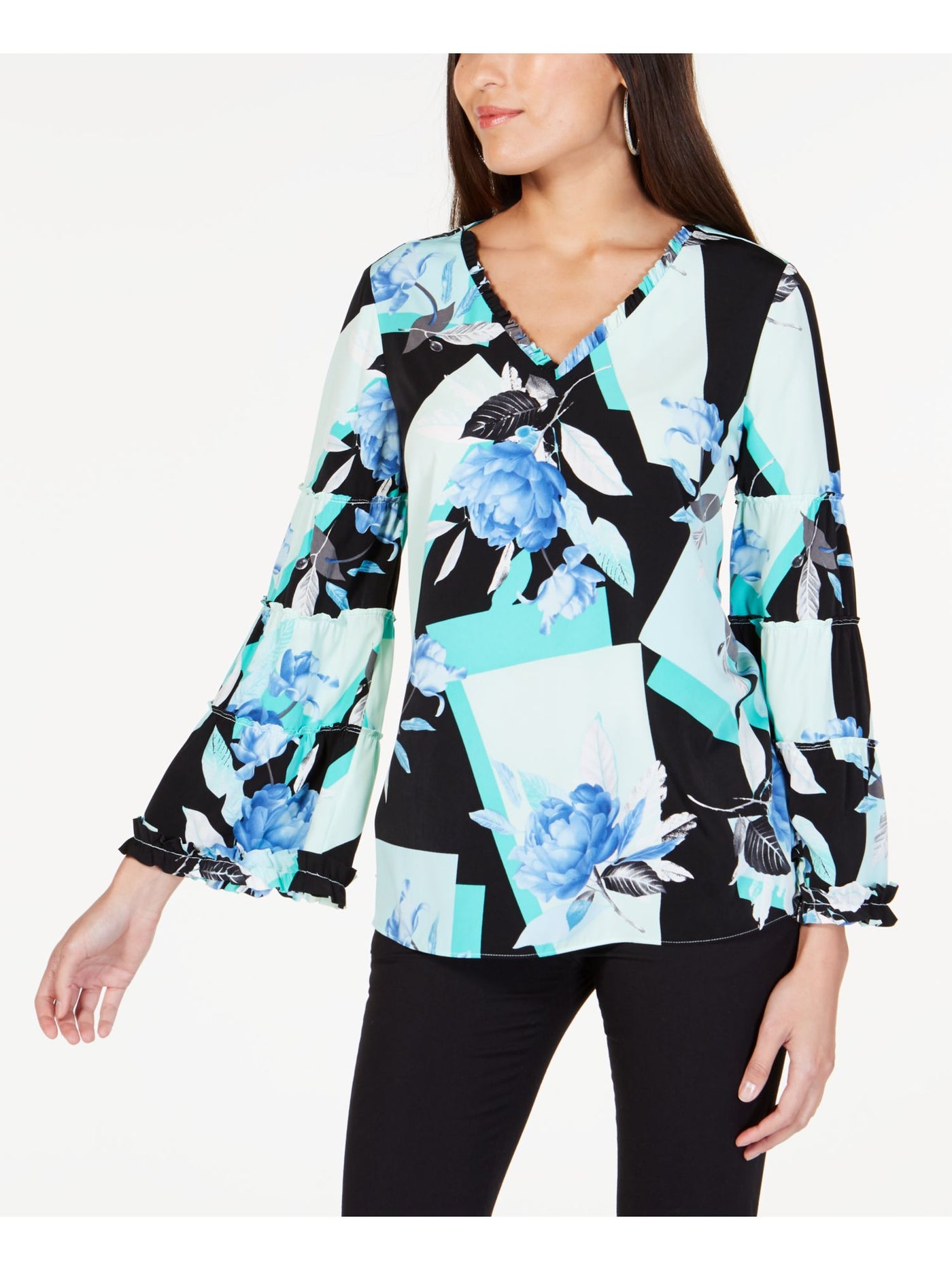 ALFANI Womens Turquoise Floral Bell Sleeve V Neck Blouse M