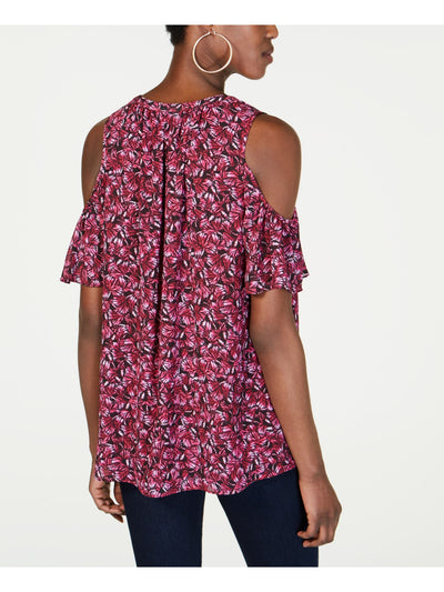 MICHAEL KORS Womens Pink Cold Shoulder Printed Short Sleeve V Neck Top S