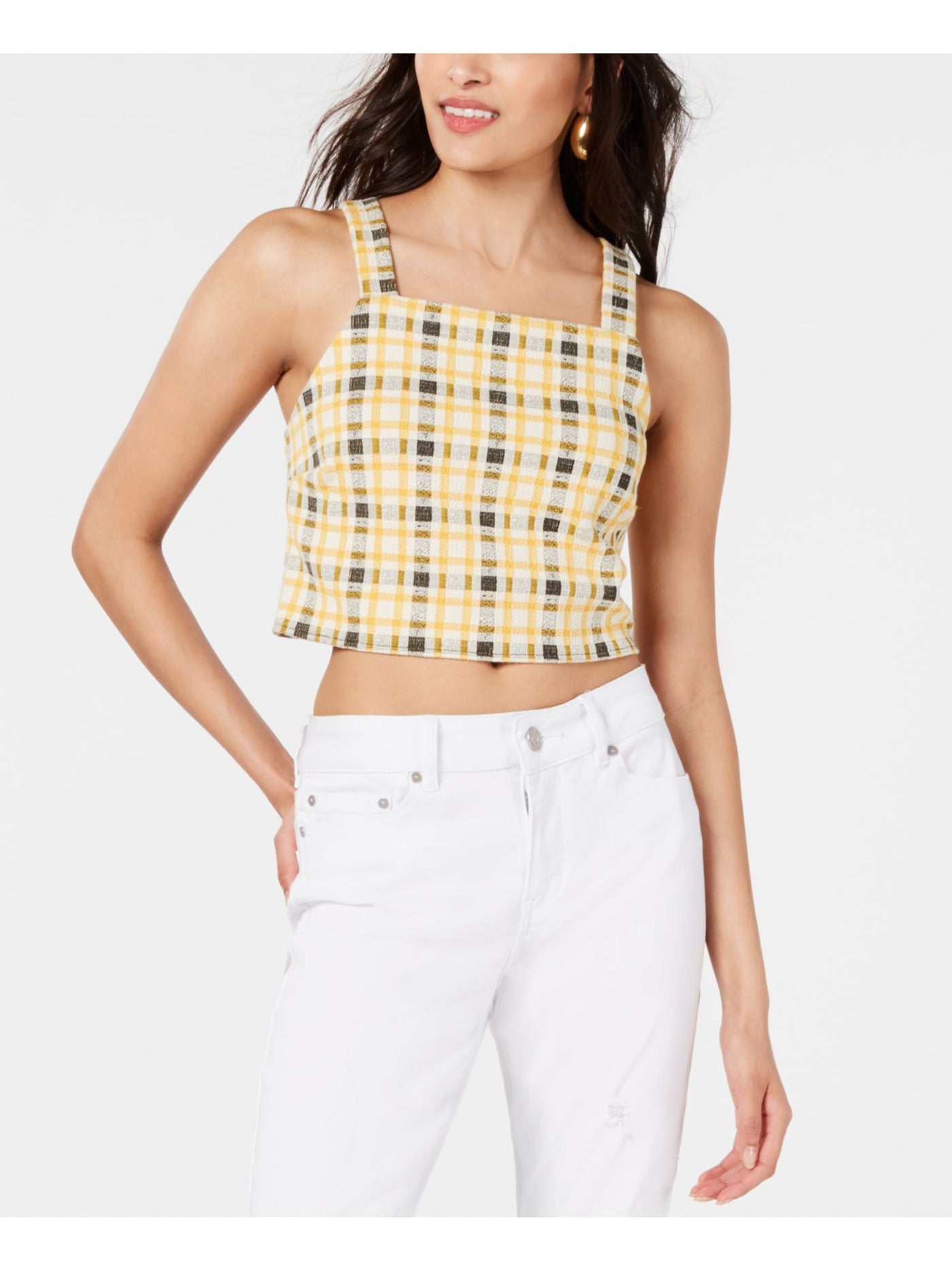 PROJECT 28 NYC Womens Yellow Check Sleeveless Square Neck Party Crop Top XL
