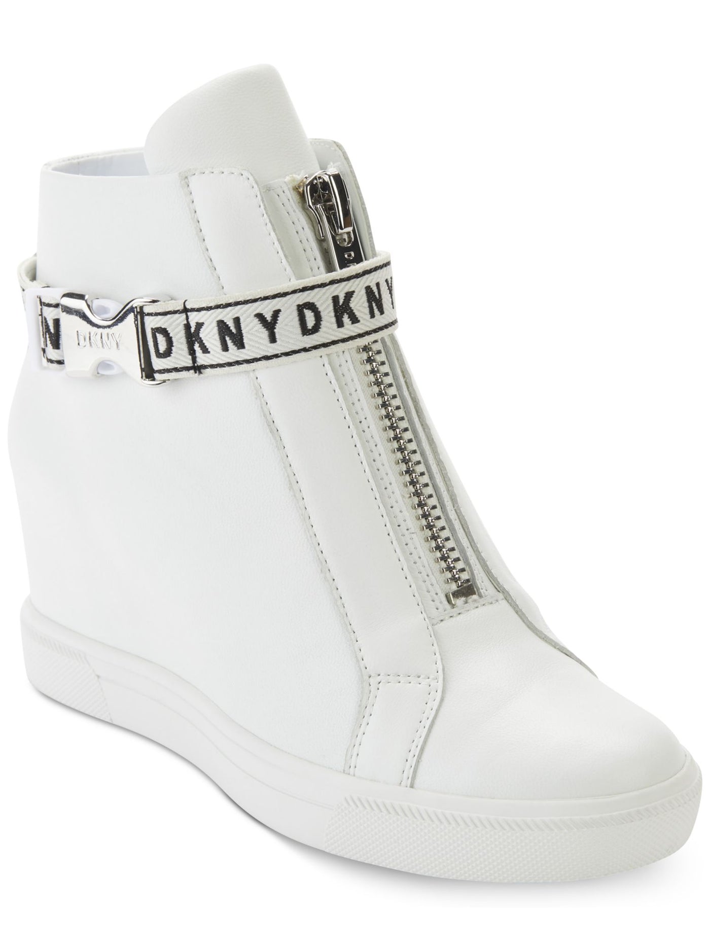 DKNY Womens White 1/2 Platform Logo Metallic Buckle Strap Hidden Heel Padded Caddie Round Toe Wedge Zip-Up Leather Athletic Sneakers Shoes 8.5 M