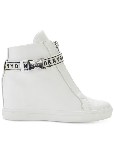 DKNY Womens White 1/2 Platform Logo Metallic Buckle Strap Hidden Heel Padded Caddie Round Toe Wedge Zip-Up Leather Athletic Sneakers Shoes 8.5 M