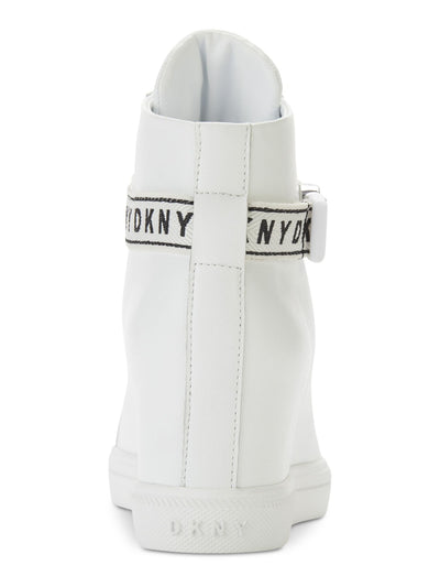 DKNY Womens White 1/2 Platform Logo Metallic Buckle Strap Hidden Heel Padded Caddie Round Toe Wedge Zip-Up Leather Athletic Sneakers Shoes 8.5 M