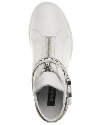 DKNY Womens White 1/2 Platform Logo Metallic Buckle Strap Hidden Heel Padded Caddie Round Toe Wedge Zip-Up Leather Athletic Sneakers Shoes M