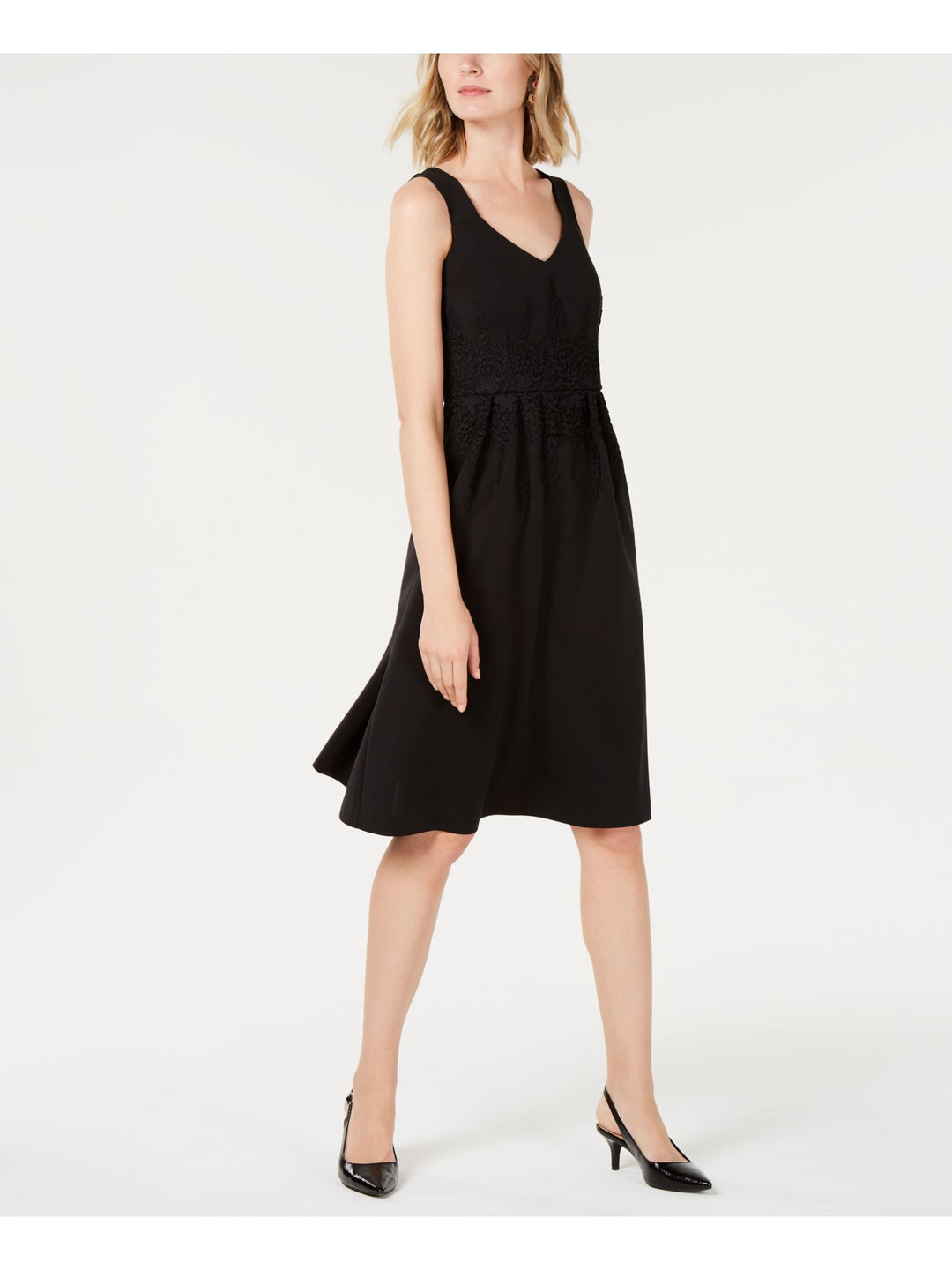 Alfani Womens Lace-Trim Fit & Flare Dress, Black, 2