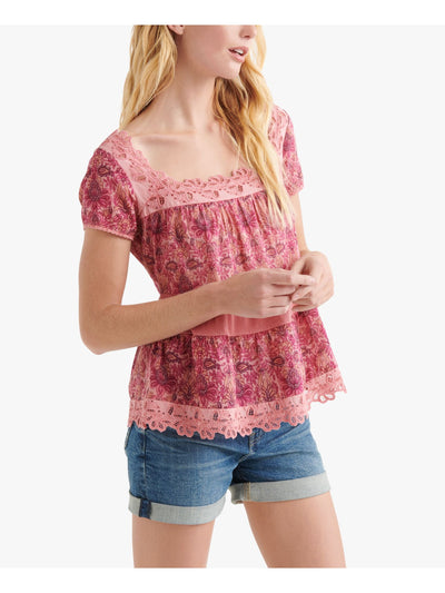 LUCKY BRAND Womens Pink Low Back Floral Short Sleeve Square Neck Peasant Top M