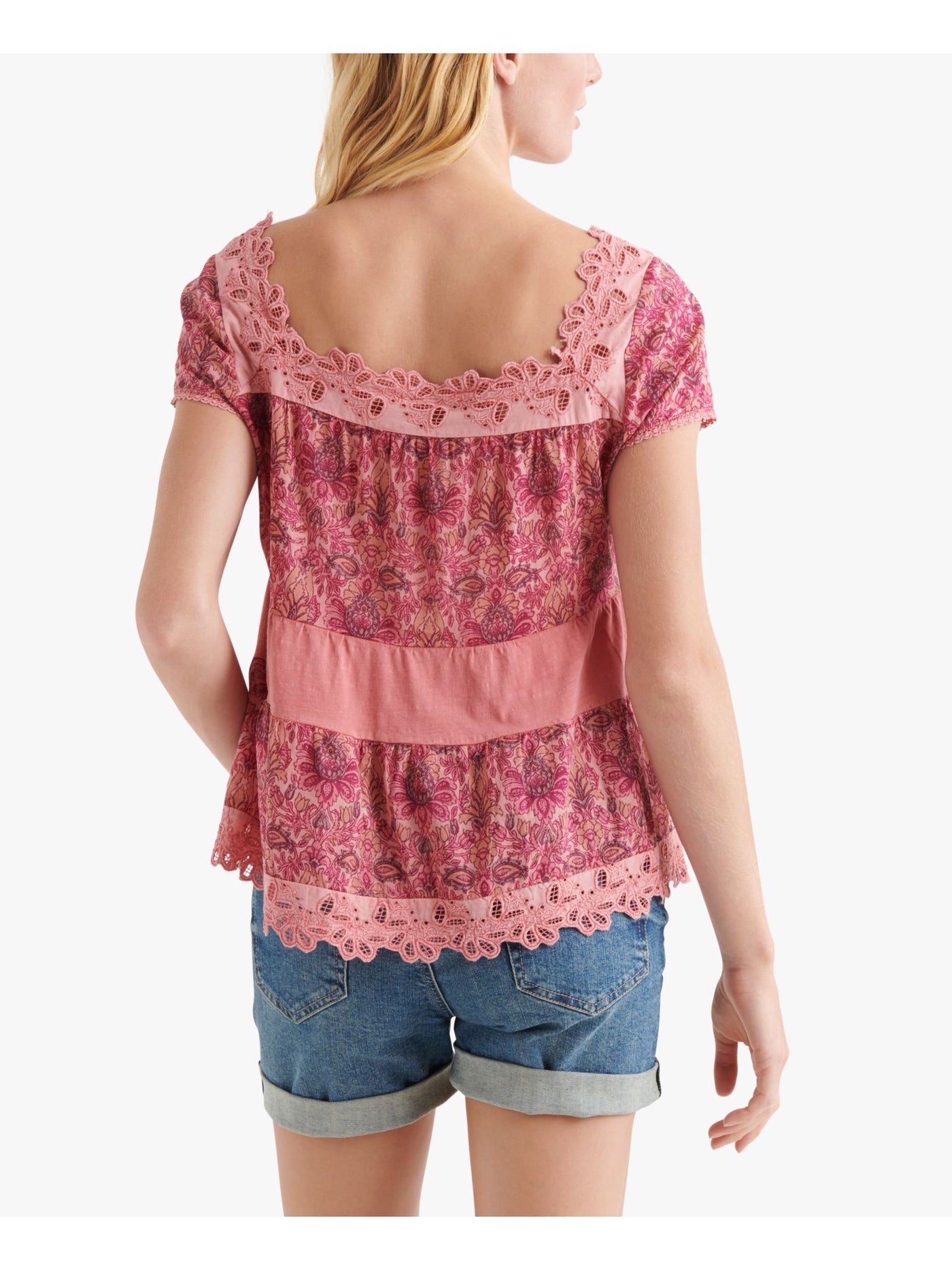 LUCKY BRAND Womens Pink Low Back Floral Short Sleeve Square Neck Peasant Top M