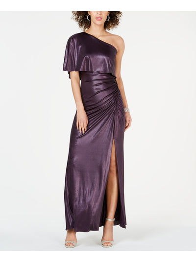 ADRIANNA PAPELL Womens Purple Ruched Slitted Metallic Short Sleeve Asymmetrical Neckline Maxi Evening Dress 4