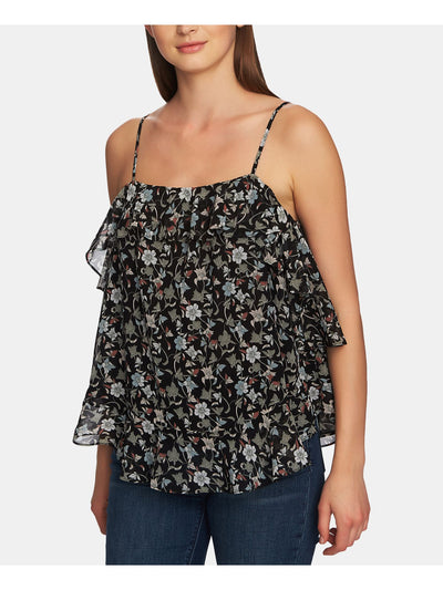 1. STATE Womens Black Ruffled Floral Spaghetti Strap Square Neck Top XS