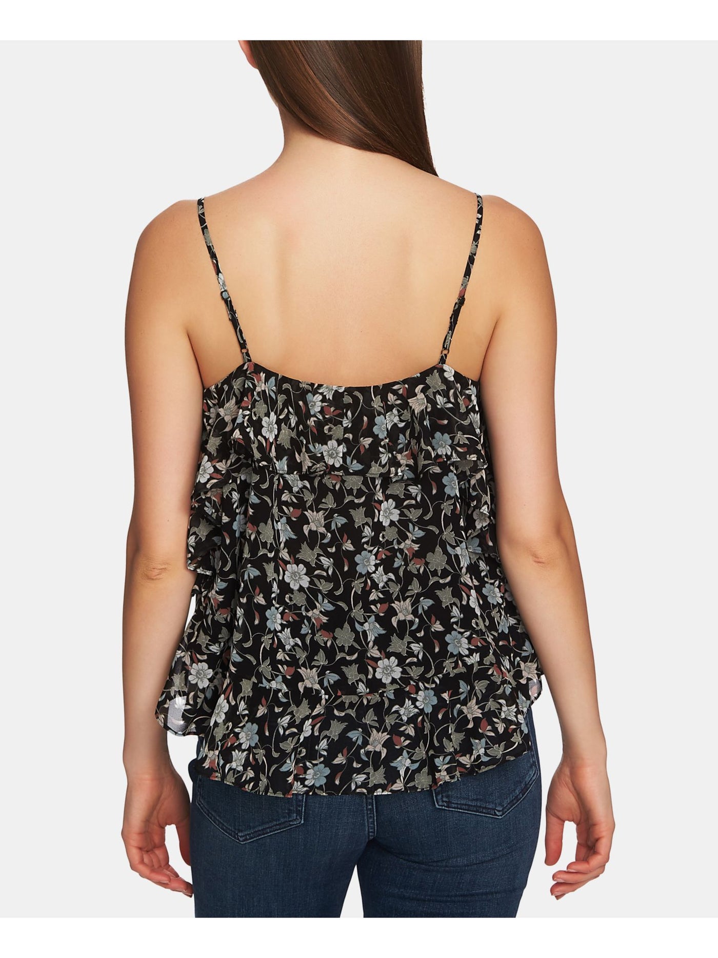 1. STATE Womens Black Ruffled Floral Spaghetti Strap Square Neck Top XS