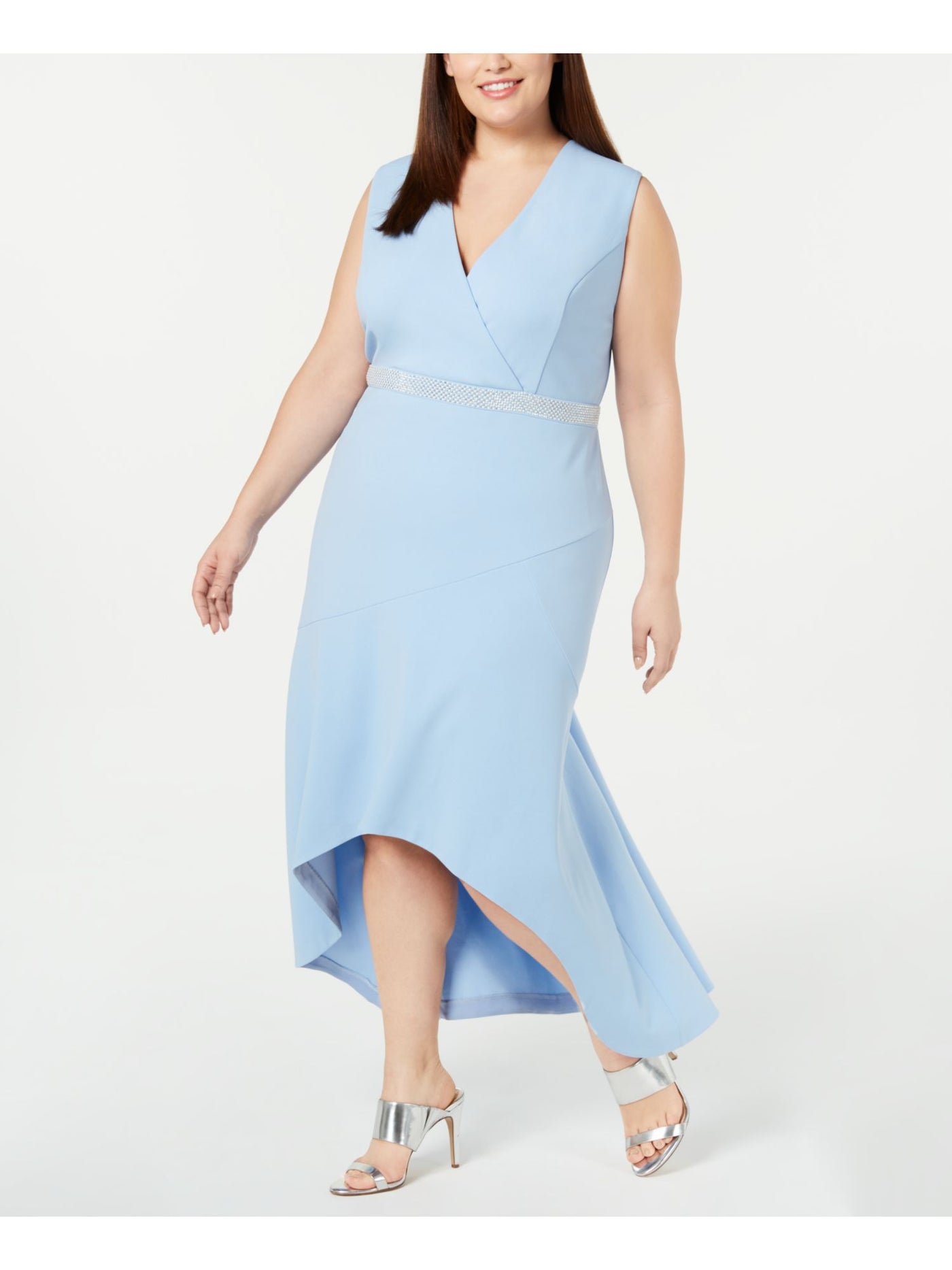 CALVIN KLEIN Womens Light Blue Embellished Sleeveless V Neck Maxi Party Hi-Lo Dress Plus 16W