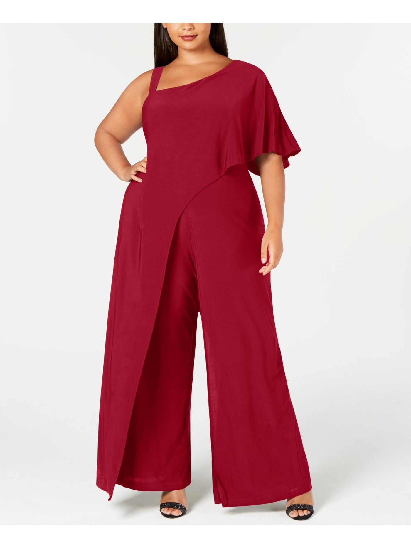 R&M RICHARDS Womens Red Stretch Zippered Flutter Sleeve Asymmetrical Neckline Party Wide Leg Jumpsuit Plus 16W