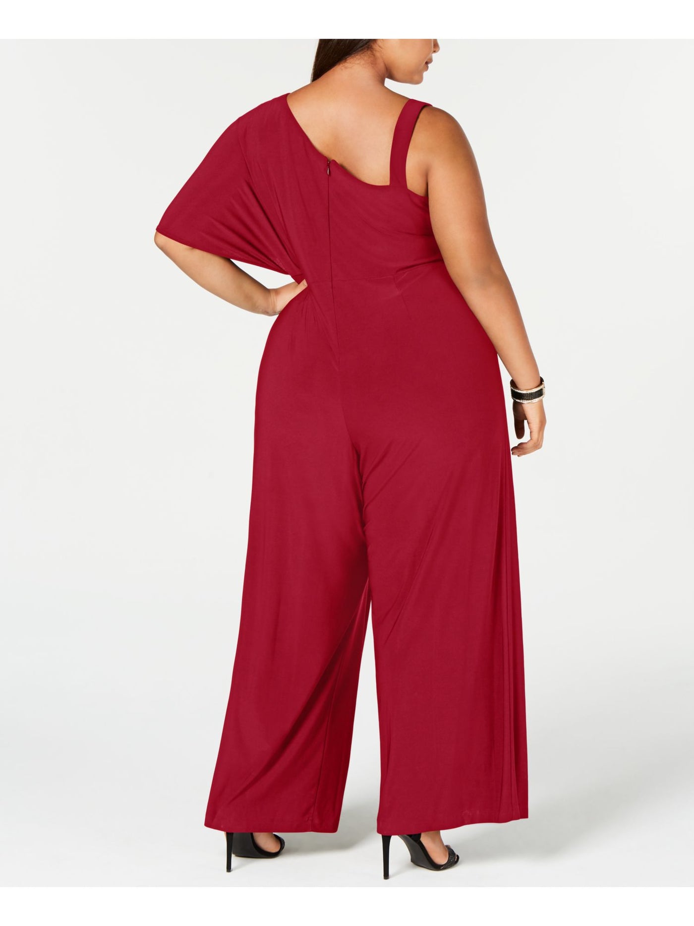 R&M RICHARDS Womens Red Stretch Zippered Flutter Sleeve Asymmetrical Neckline Party Wide Leg Jumpsuit Plus 16W