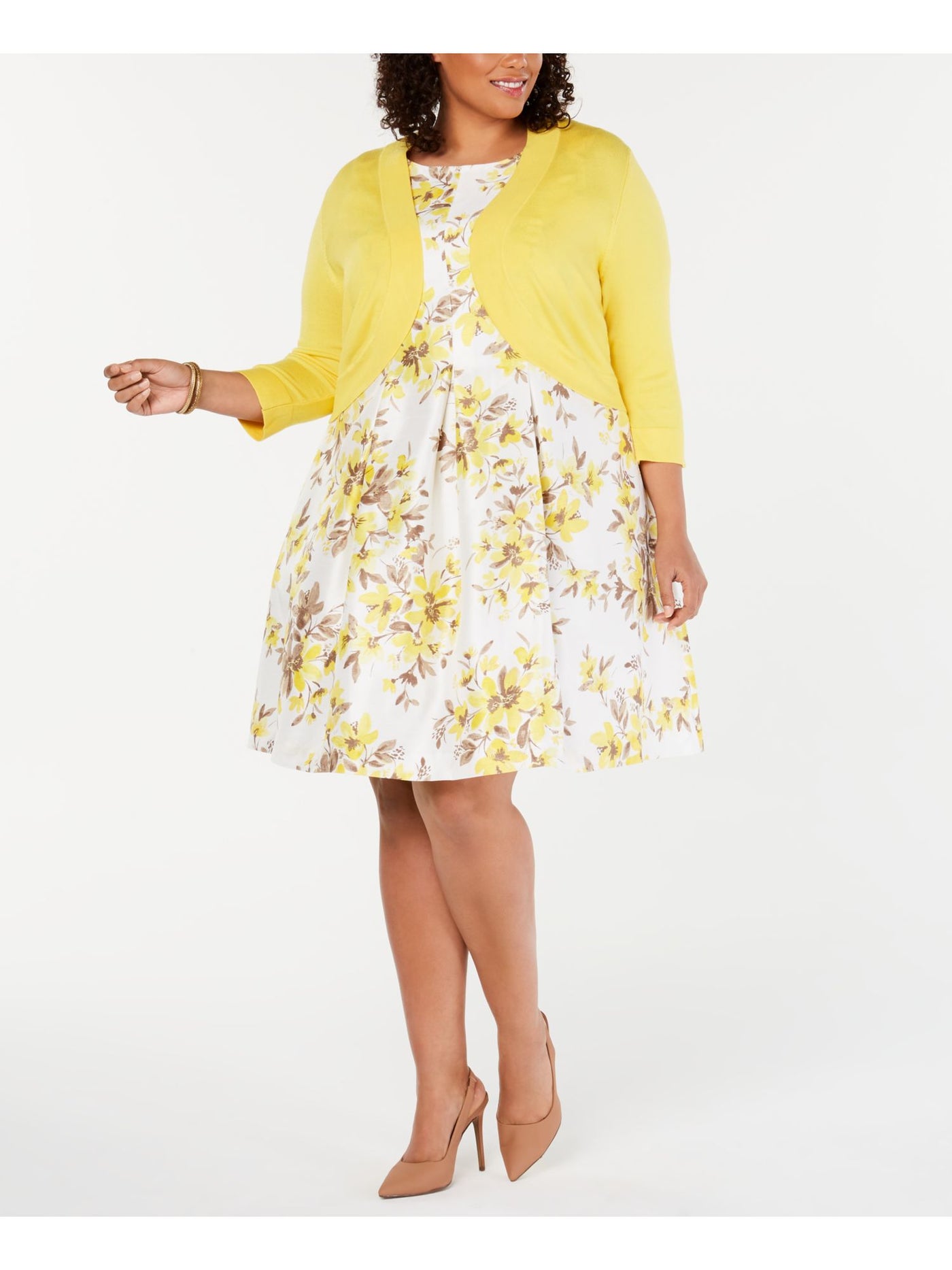 JESSICA HOWARD Womens Yellow Knit Sheer 3/4 Sleeve Open Front Wear To Work Cardigan Plus 24W