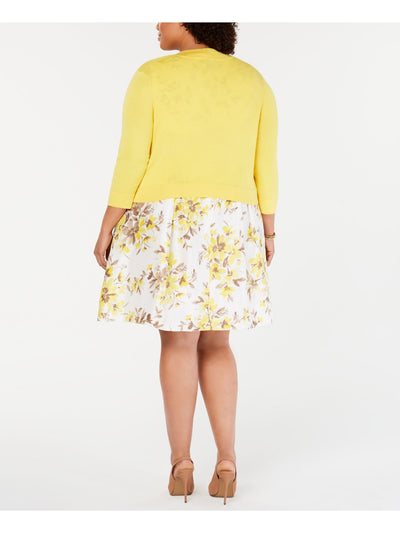 JESSICA HOWARD Womens Yellow Knit Sheer 3/4 Sleeve Open Front Wear To Work Cardigan Plus 24W