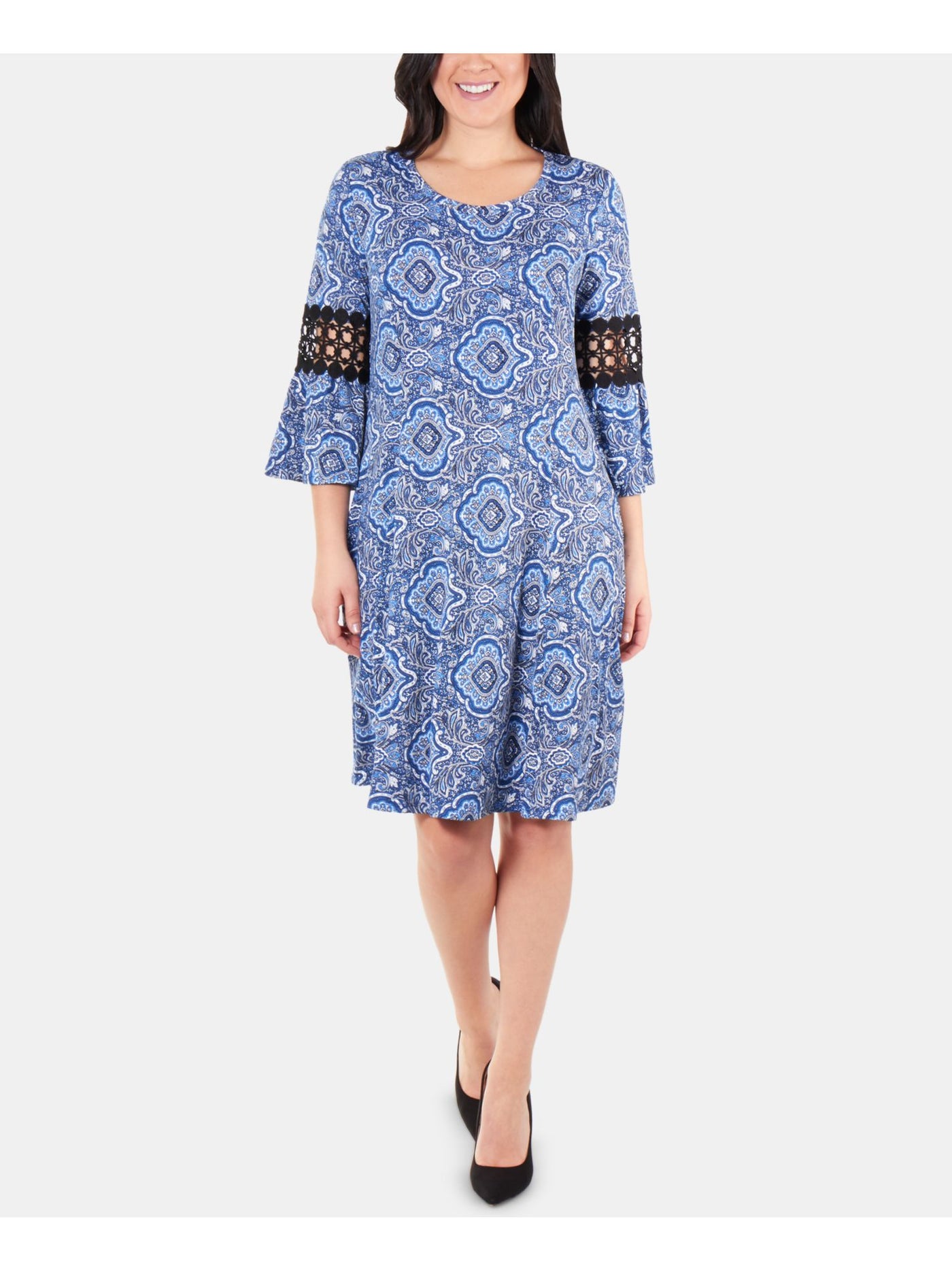 NY COLLECTION Womens Blue Printed Bell Sleeve Jewel Neck Below The Knee Trapeze Dress Petites PXS