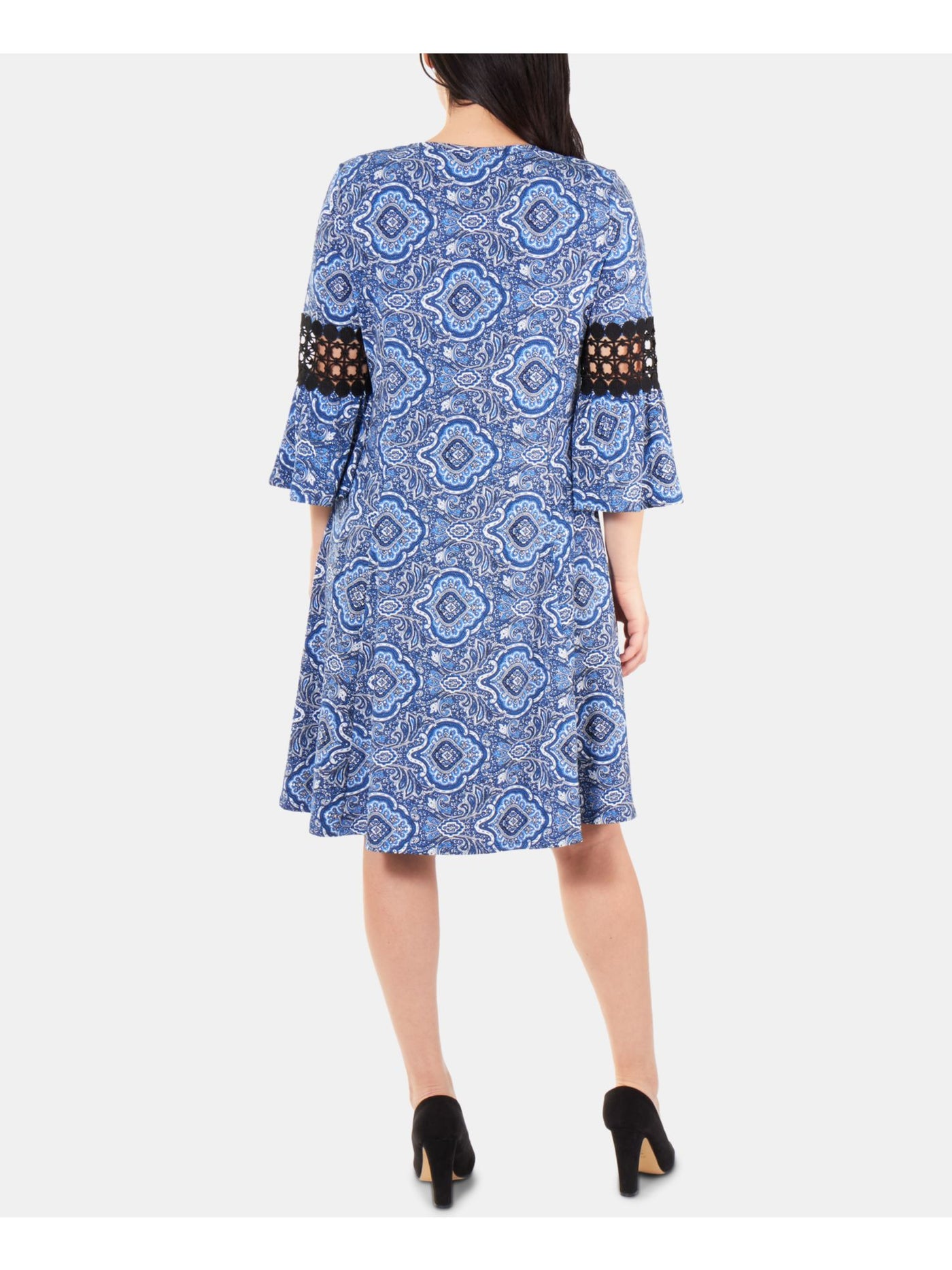 NY COLLECTION Womens Blue Printed Bell Sleeve Jewel Neck Below The Knee Trapeze Dress Petites PXS