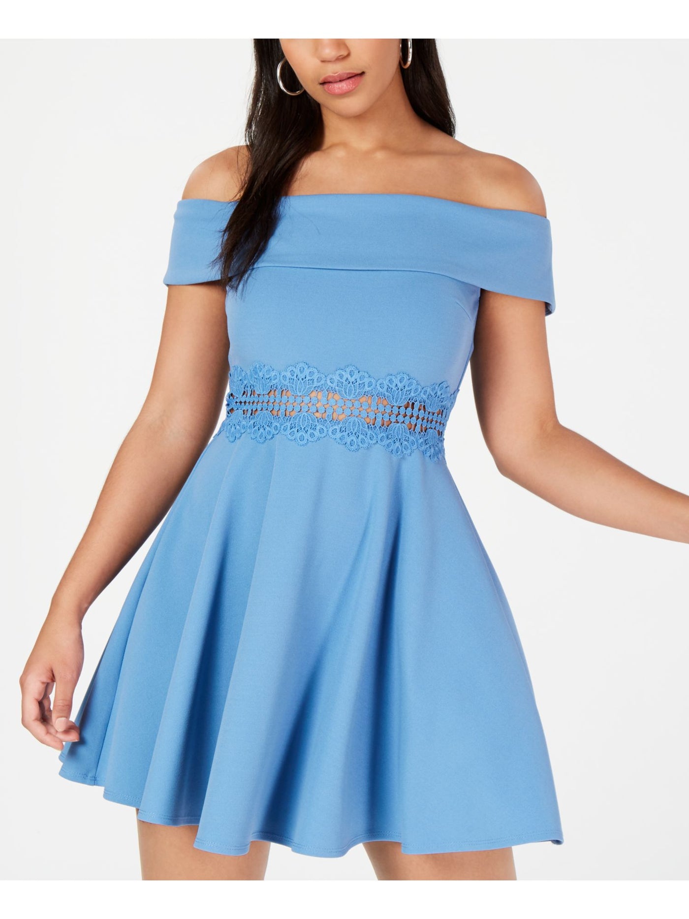 B DARLIN Womens Blue Lace Short Sleeve Off Shoulder Mini Fit + Flare Dress Juniors 15\16