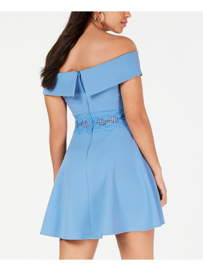 B DARLIN Womens Blue Lace Short Sleeve Off Shoulder Mini Fit + Flare Dress Juniors 15\16