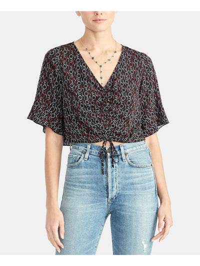 RACHEL ROY Womens Black Printed Dolman Sleeve V Neck Crop Top M