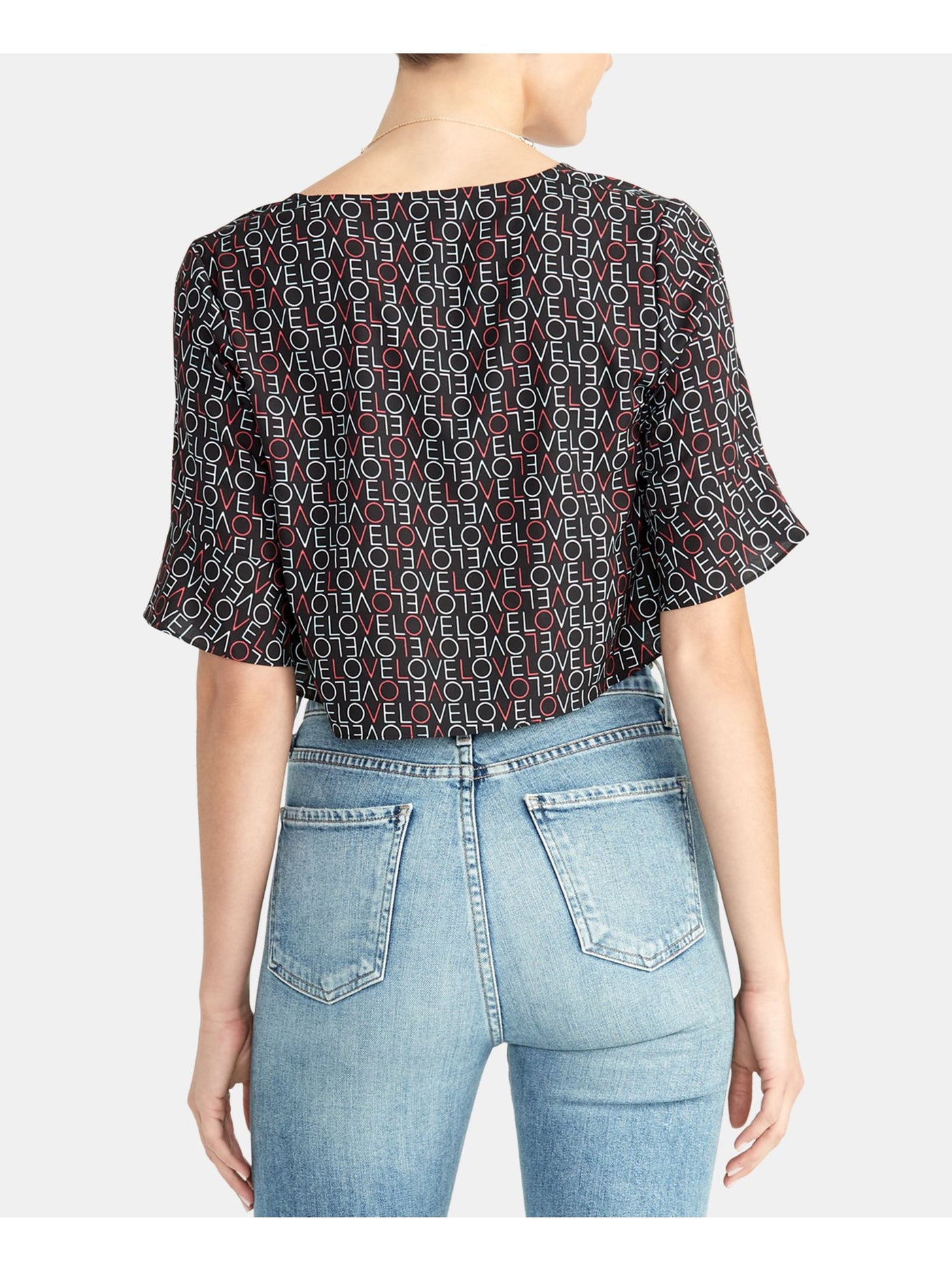 RACHEL ROY Womens Black Printed Dolman Sleeve V Neck Crop Top Size: XL