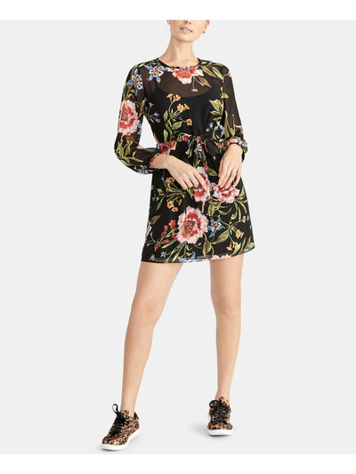 RACHEL ROY Womens Black Floral Long Sleeve Illusion Neckline Mini Shift Dress 8