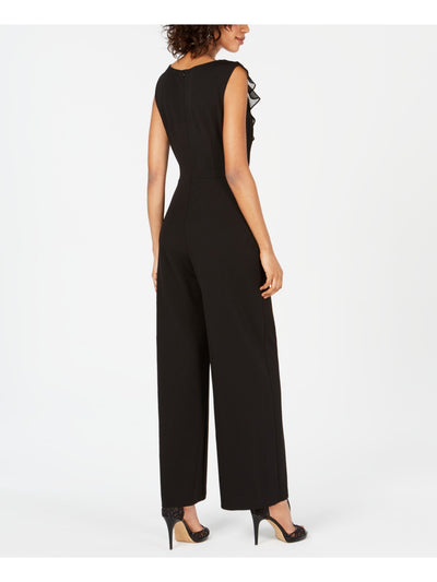 CONNECTED APPAREL Womens Black Stretch Zippered Sleeveless V Neck Evening Wide Leg Jumpsuit Petites 14P