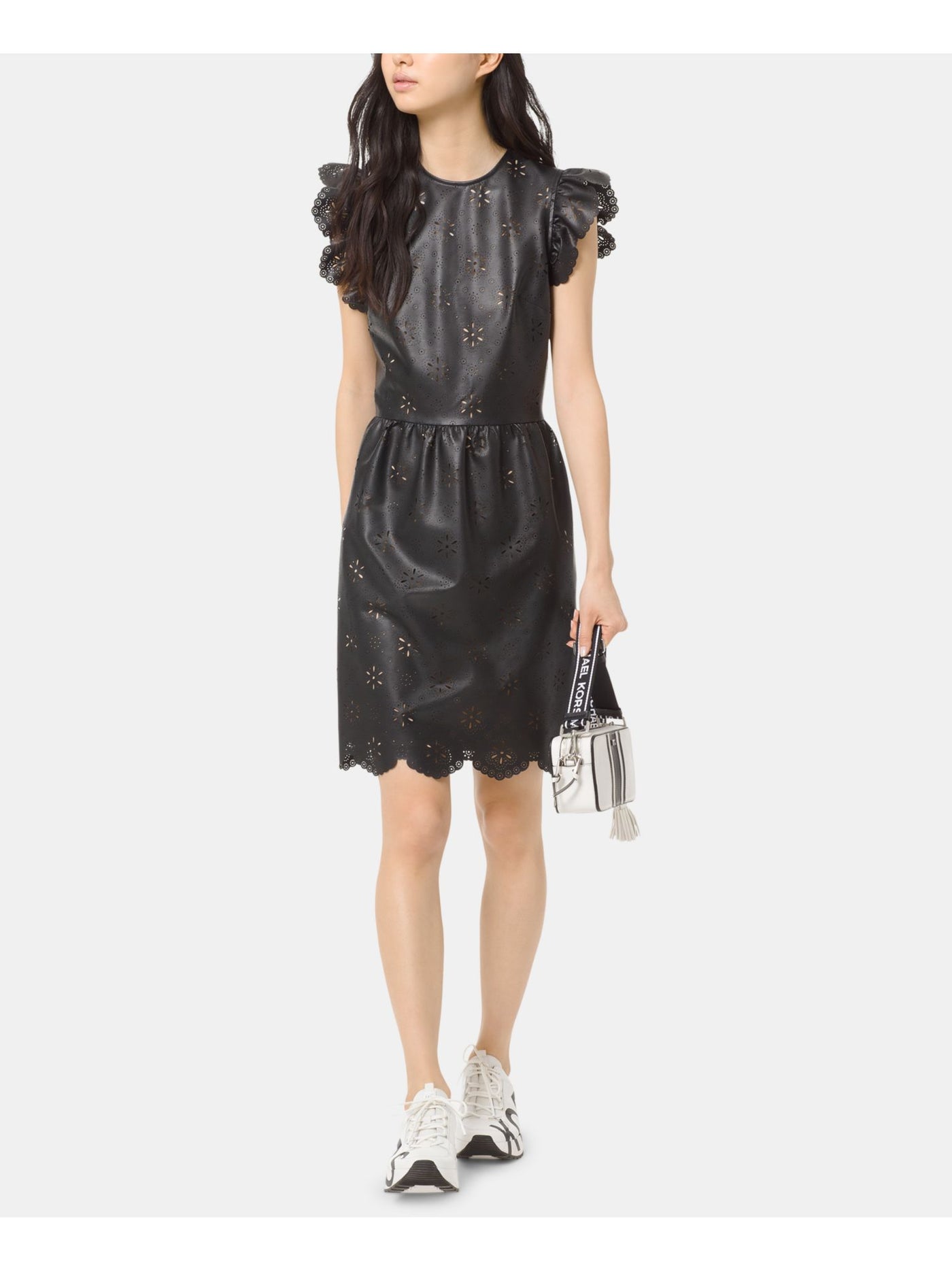 MICHAEL KORS Womens Faux Leather Ruffled Crew Neck Above The Knee Cocktail Sheath Dress