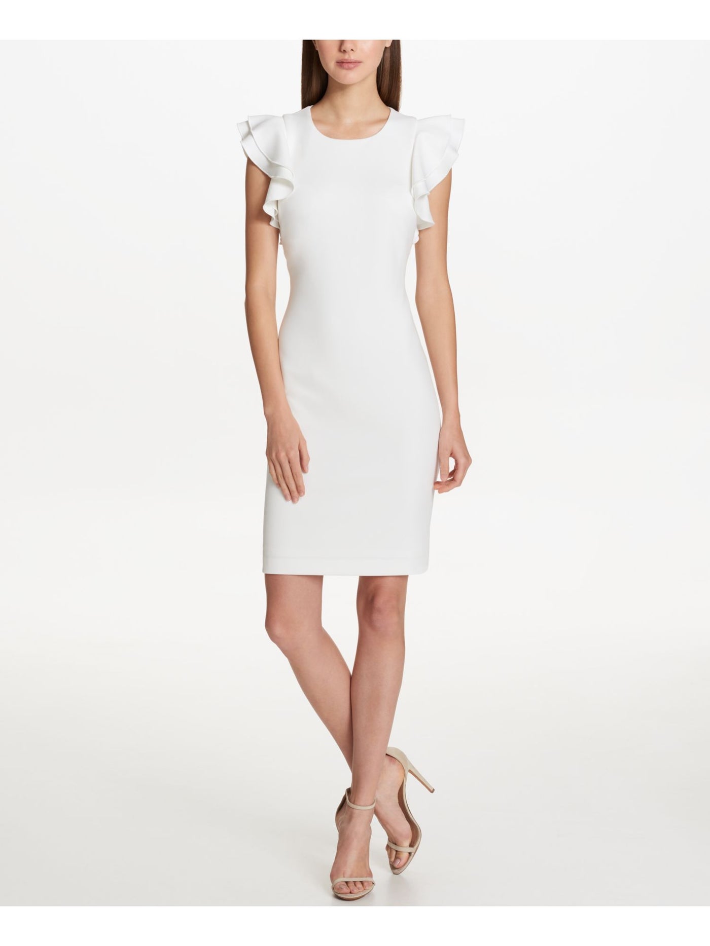 TOMMY HILFIGER Womens White Ruffled Sleeves Short Sleeve Scoop Neck Short Cocktail Body Con Dress 2