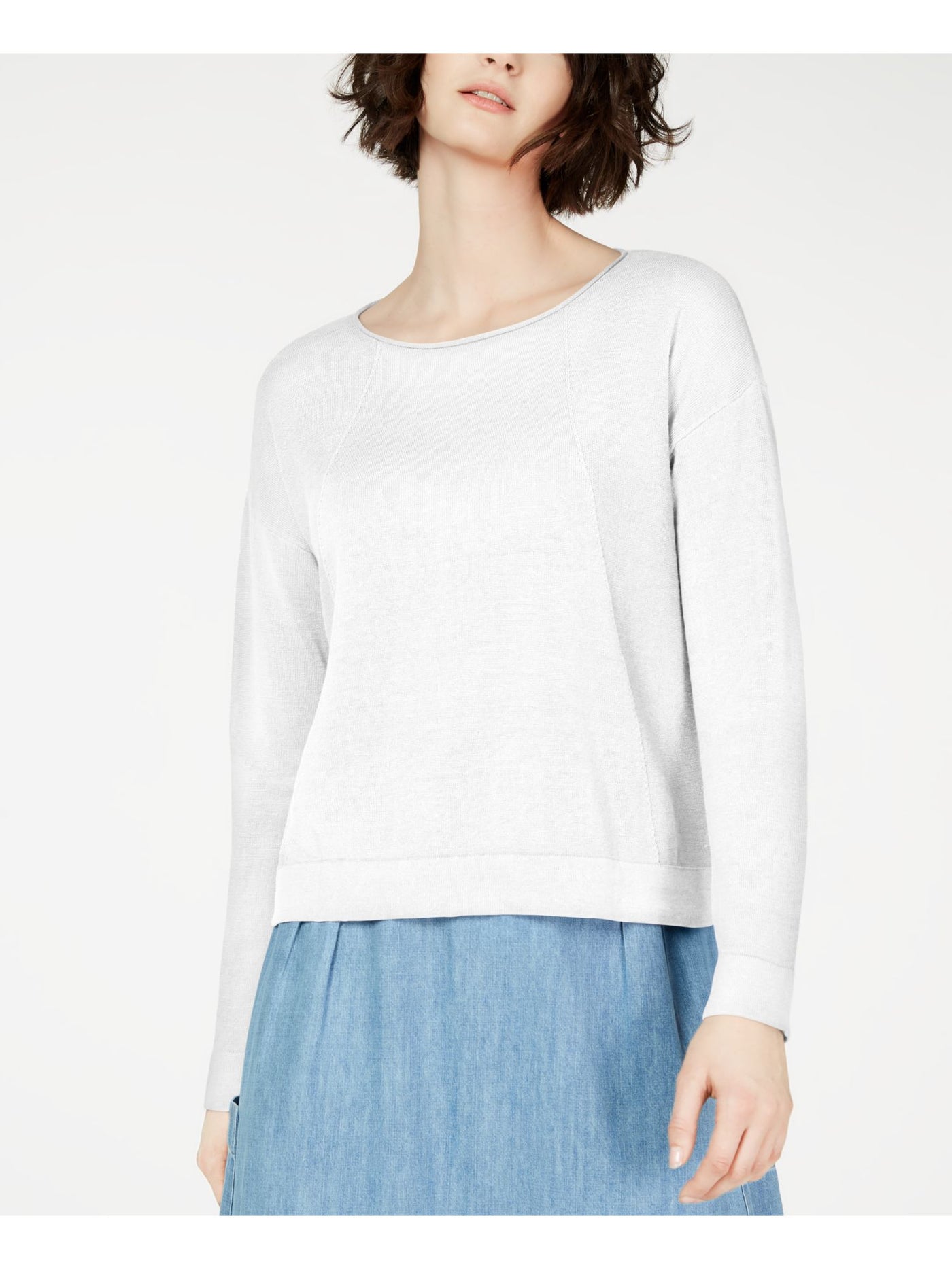 EILEEN FISHER Womens White Long Sleeve Jewel Neck Sweater Petites PS