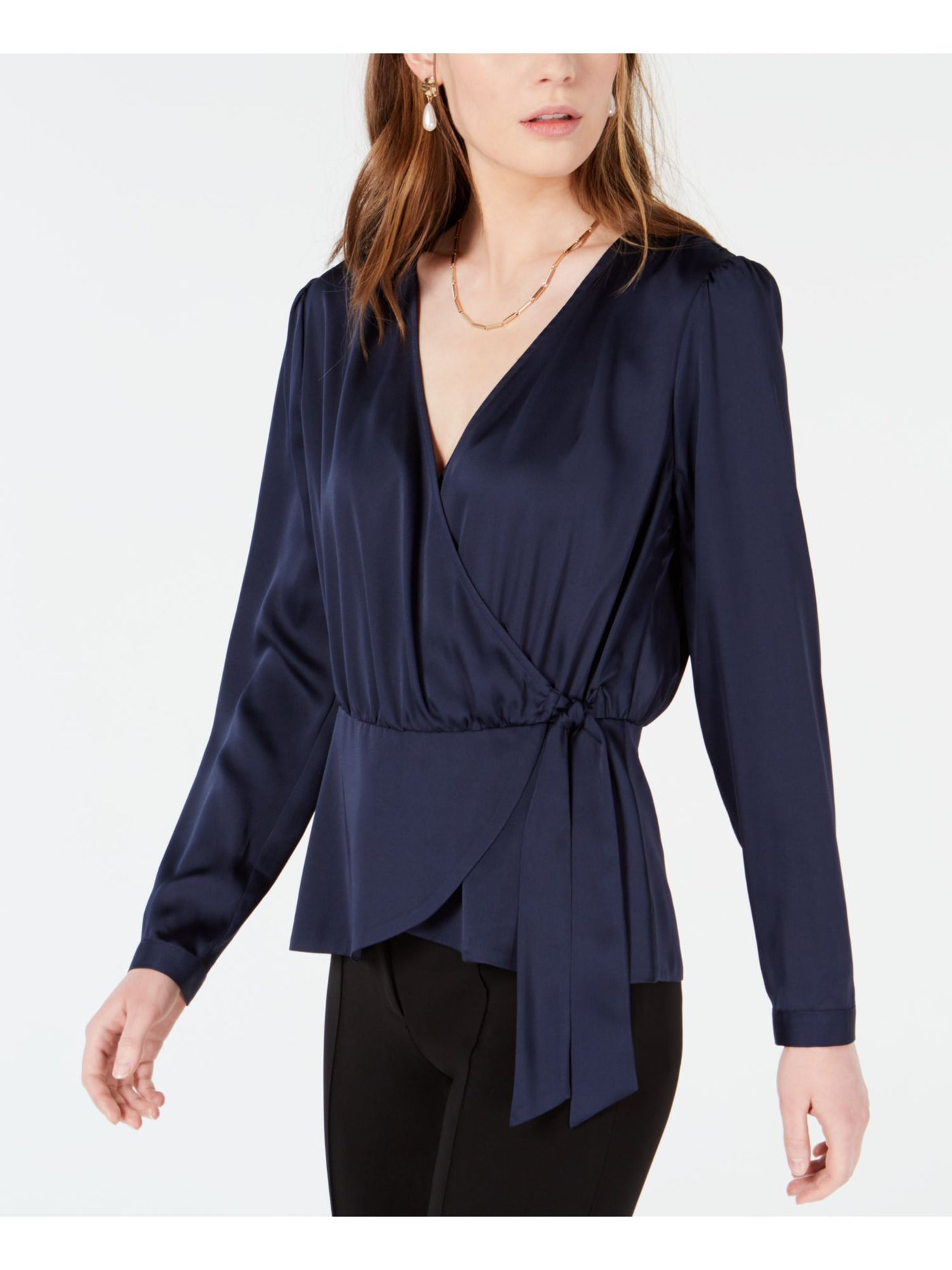 BAR III Womens Navy Tie Waist Long Sleeve V Neck Faux Wrap Top XXL