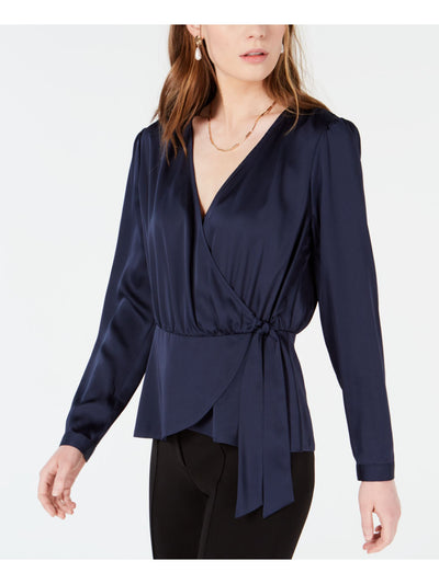 BAR III Womens Navy Tie Waist Long Sleeve V Neck Faux Wrap Top XXL
