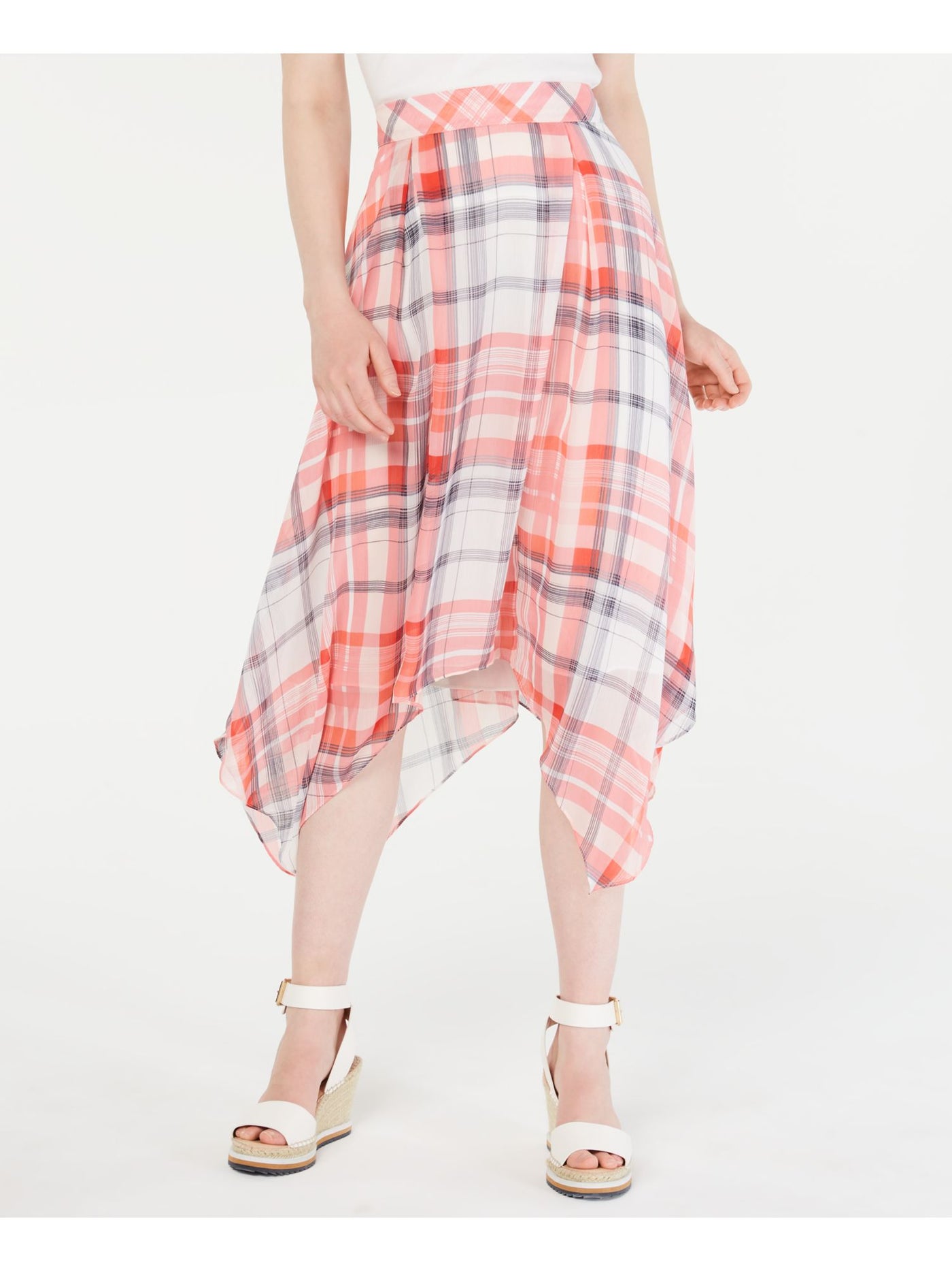 TOMMY HILFIGER Womens Pink Plaid Below The Knee Circle Skirt 8