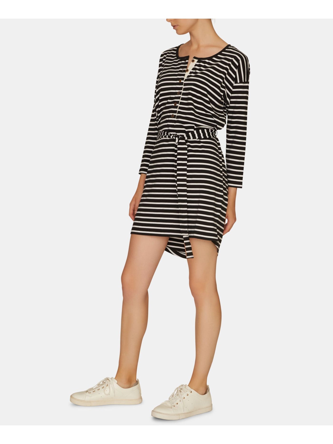 SANCTUARY Womens Black Belted Striped Long Sleeve Jewel Neck Above The Knee Shirt Dress XXS