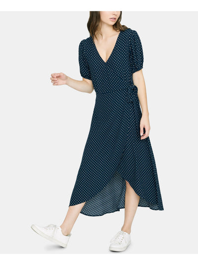 SANCTUARY Womens Navy Polka Dot Short Sleeve V Neck Midi Wrap Dress 2