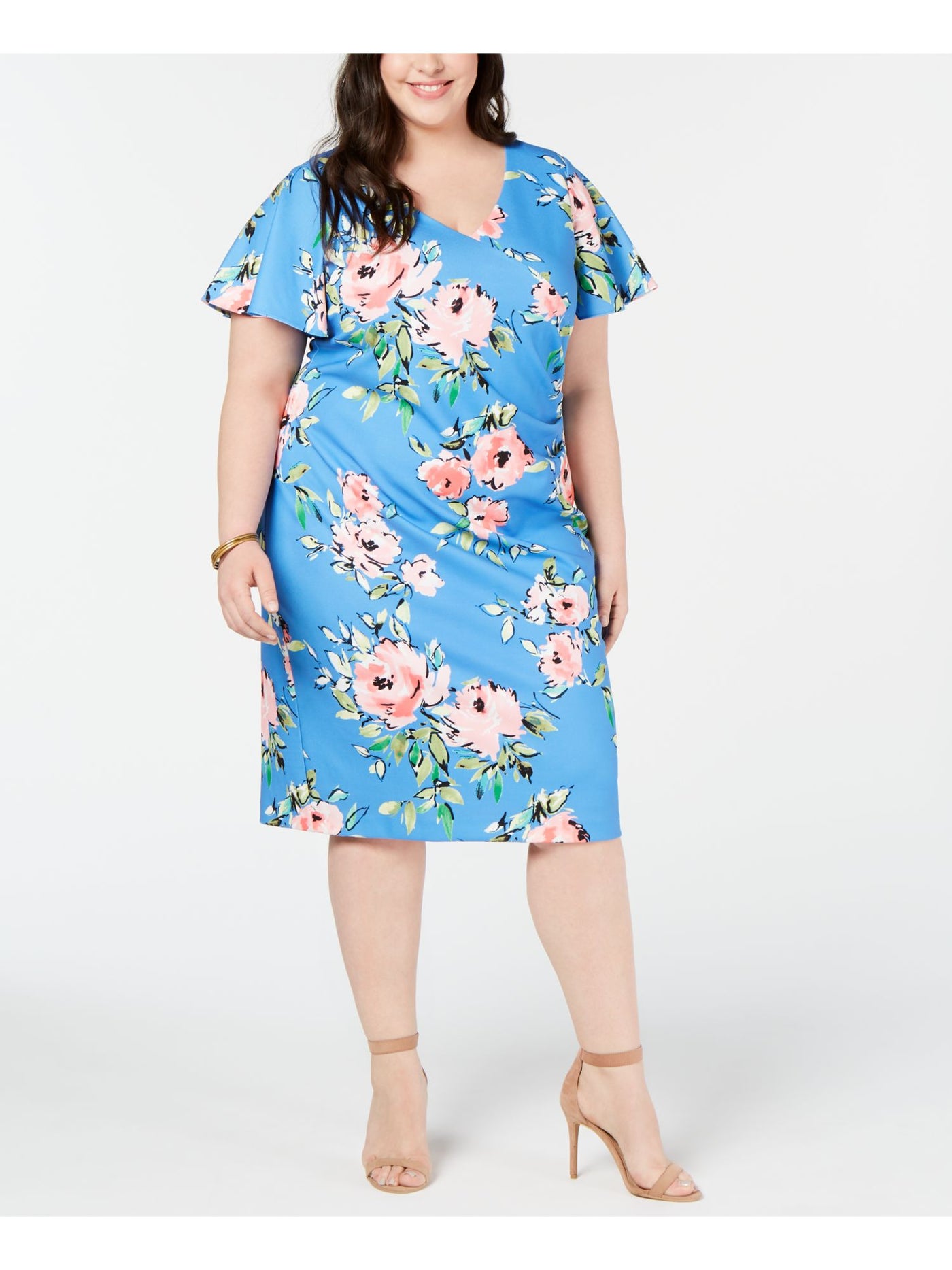 JESSICA HOWARD Womens Blue Floral Short Sleeve Jewel Neck Midi Wear To Work Sheath Dress Plus 22W