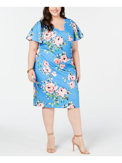 JESSICA HOWARD Womens Blue Floral Short Sleeve Jewel Neck Midi Wear To Work Sheath Dress Plus 22W