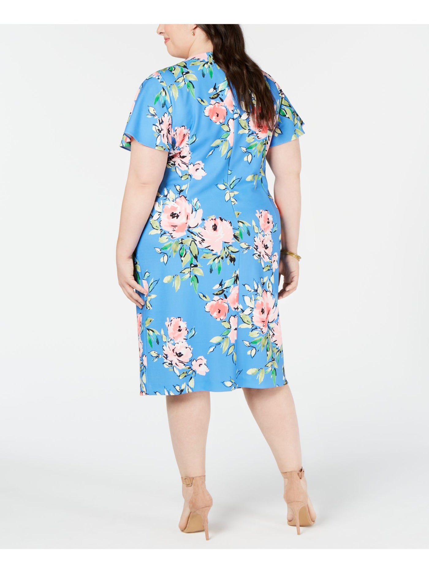 JESSICA HOWARD Womens Blue Floral Short Sleeve Jewel Neck Midi Wear To Work Sheath Dress Plus 22W