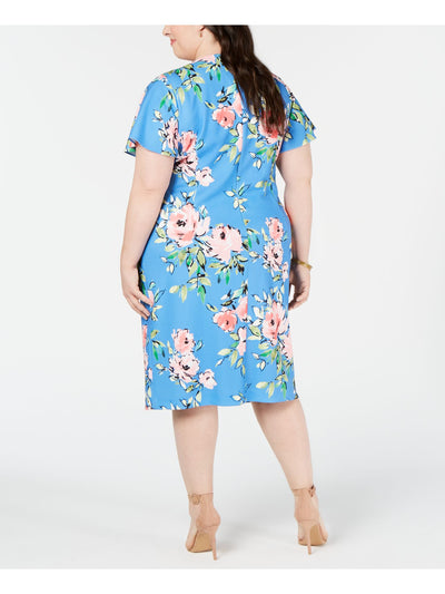 JESSICA HOWARD Womens Blue Floral Short Sleeve Jewel Neck Midi Wear To Work Sheath Dress Plus 22W