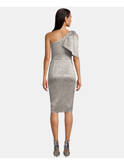 BETSY & ADAM Womens Gray Tie Metallic Printed Asymmetrical Neckline Knee Length Party Sheath Dress 4