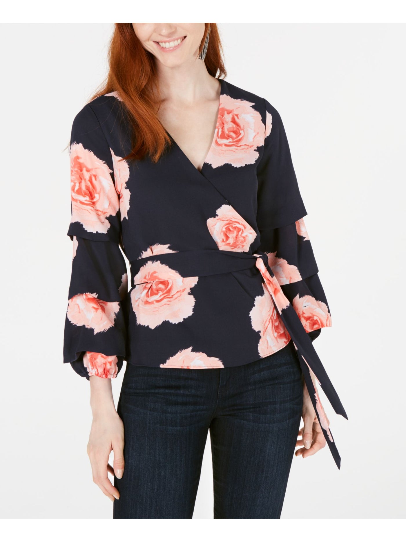 BAR III Womens Navy Floral V Neck Wrap Top S