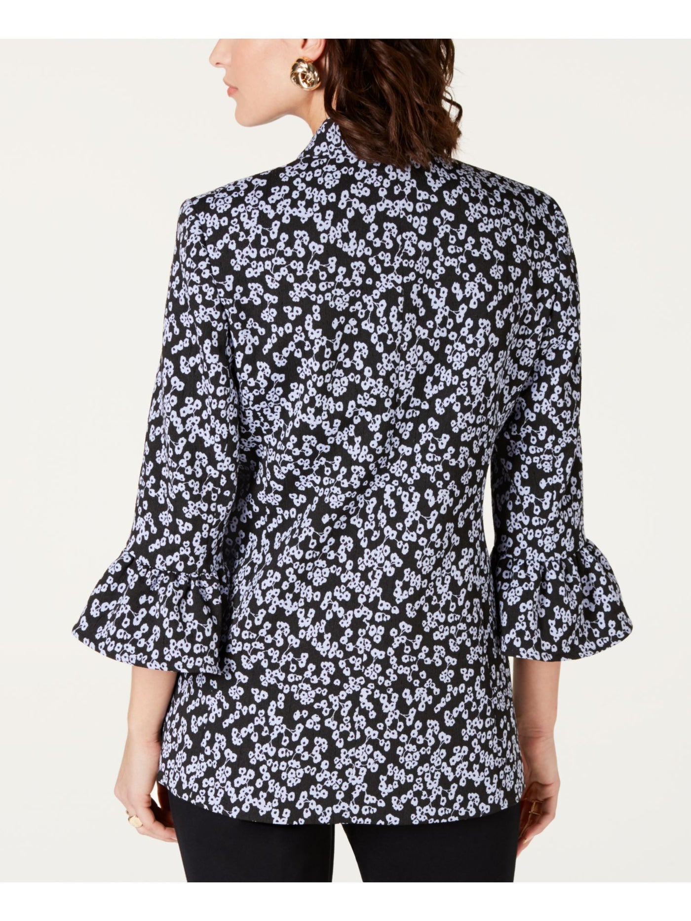 NINE WEST Womens Black Ruffled Bell-sleeve Floral Jacket Size: 16